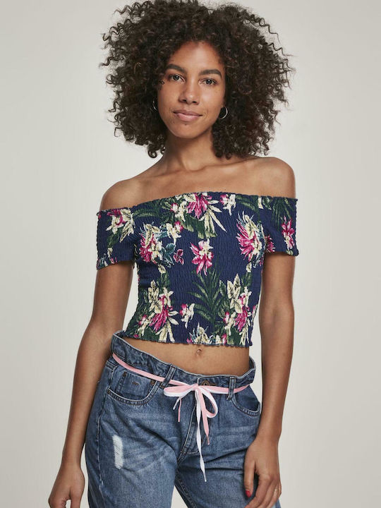 Women's Summer Crop Top Off-Shoulder Short Sleeve Floral Navy Blue