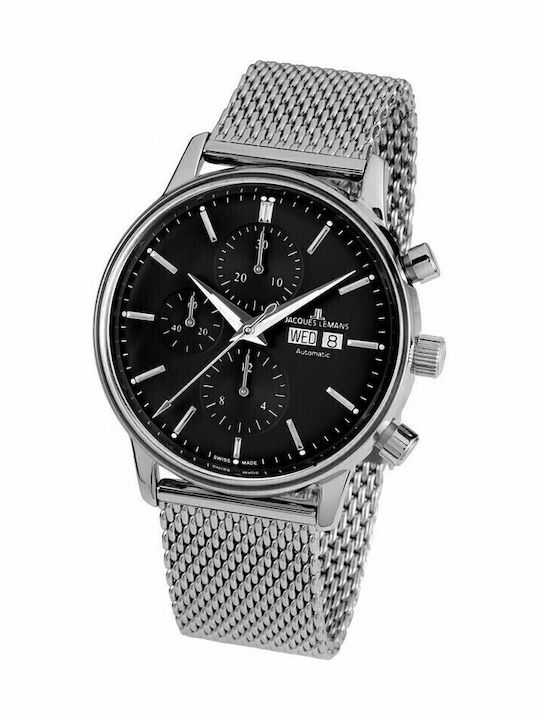 Jacques Lemans Retro Classic Men's Watch 44mm Chronograph Automatic with Silver Metal Bracelet