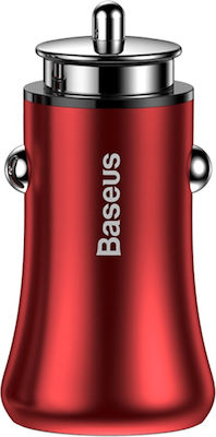 Baseus Φορτιστής Αυτοκινήτου Κόκκινος Gentleman Συνολικής Έντασης 4.8A με Θύρες: 2xUSB