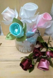 30 Wedding Favors handmade flowers rose made of satin fabric with satin leaves, tied with satin ribbon and 5 almond candies Hatzigiannaki.