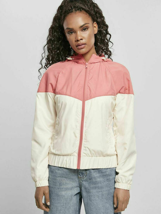 Urban Classics TB3638 Women's Short Lifestyle Jacket Windproof for Spring or Autumn with Hood Pale Pink