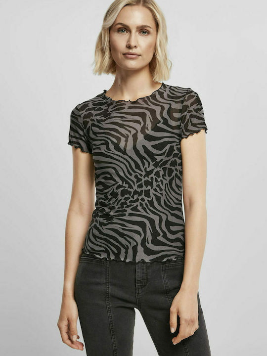 Urban Classics TB4770 Women's T-shirt with Sheer Animal Print Asphalt/Black