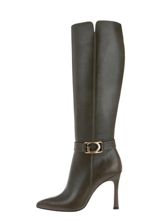 Leather High Heel Women's Boots with Zipper Oil Green