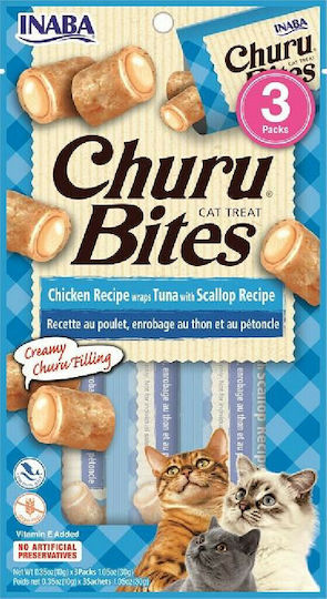 Inaba Churu Bites Cat Treats with Chicken Chicken Tuna & Scallop for Adult Cats 1pc 10g
