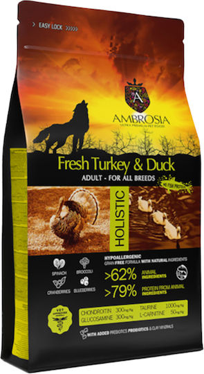 Ambrosia Fresh Turkey & Duck Adult All Breeds 2kg Hrană Uscată Dietetic, fără Cereale pentru Câini Adulţi Sterilizaţi cu Curcan și Rață