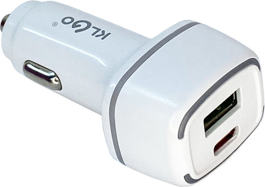 KLGO TC-10PD Φορτιστής Αυτοκινήτου Γρήγορης Φόρτισης με Θύρες: 1xUSB-A 1xType-C Λευκό Χρώμα