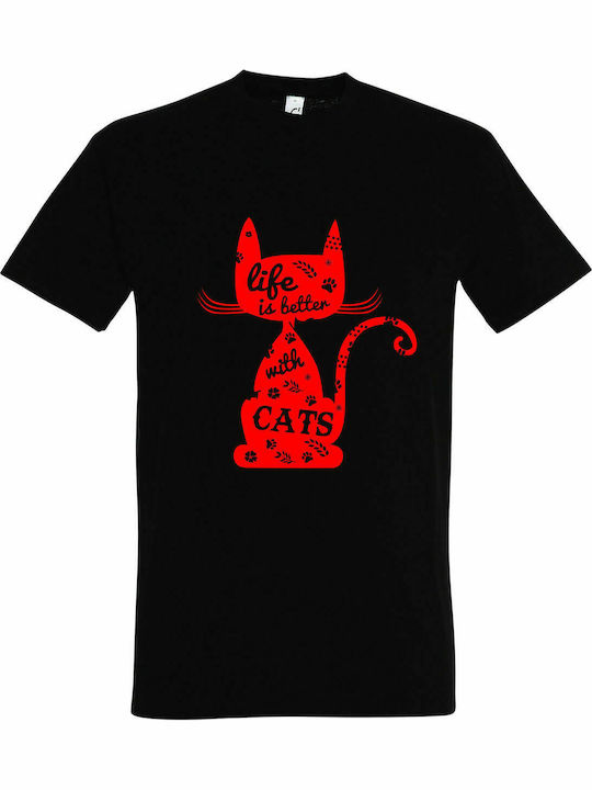 T-shirt Unisex " Das Leben ist besser mit Katzen ", Schwarz