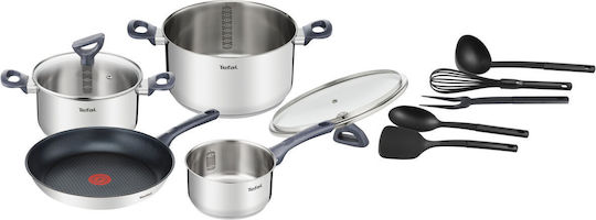Tefal Daily Cook Σετ Μαγειρικά Σκεύη από Ανοξείδωτο Ατσάλι Ασημί 11τμχ