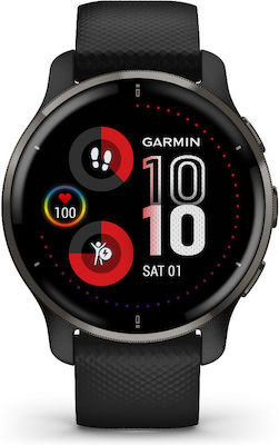 Garmin Venu 2 Plus Oțel inoxidabil 43mm Rezistent la apă Ceas inteligent cu pulsometru (Slate Stainless Steel Bezel cu carcasă neagră și bandă de silicon)