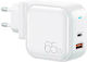 WK Wireless GaN Mobile Phone Charger with USB-A and USB-C Ports 65W Power Delivery Quick Charge 3.0 White