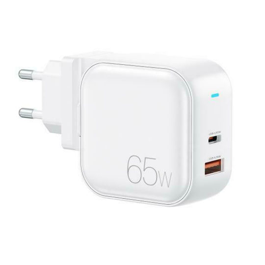 WK Wireless GaN Mobile Phone Charger with USB-A and USB-C Ports 65W Power Delivery Quick Charge 3.0 White