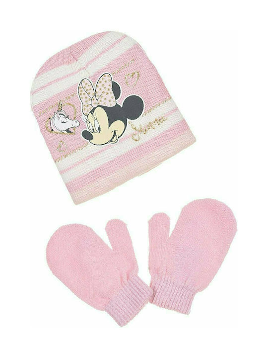 Sun City Kids Beanie Set with Gloves Knitted Pink