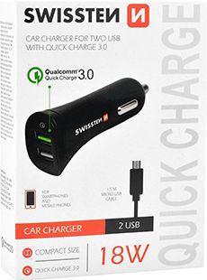 Swissten Auto-Ladegerät 2.4A Schnellladung mit Anschlüssen: 2xUSB mit Kabel Mikro-USB Schwarz Farbe