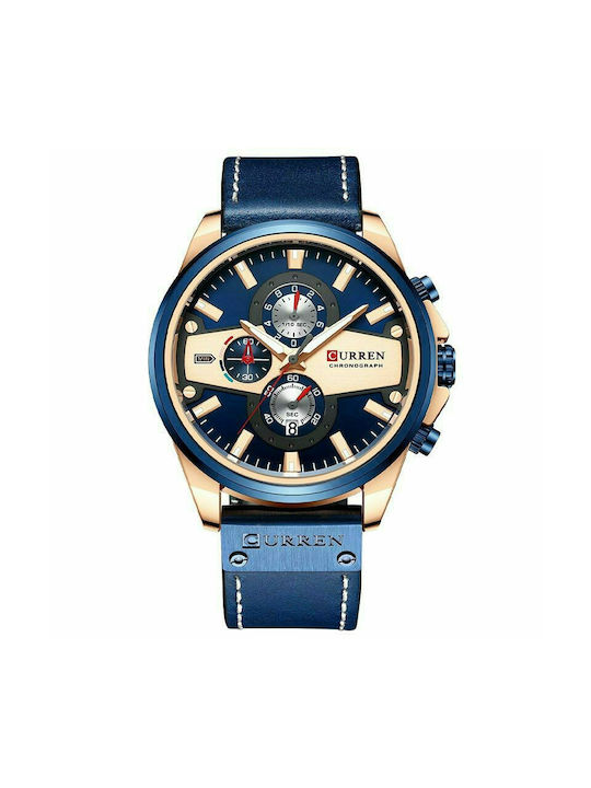 Curren Uhr Chronograph Batterie mit Blau Ledera...