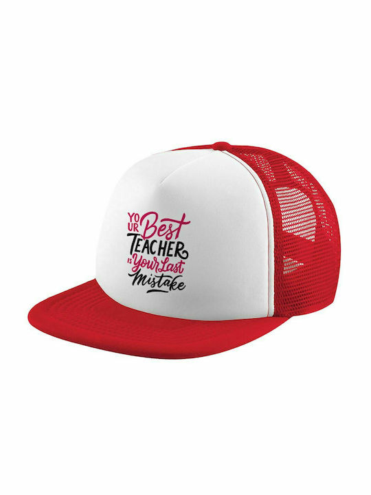 Typography quotes your best teacher is your last mistake, Adult Soft Trucker Hat with Mesh Red/White (POLYESTER, ADULTS, UNISEX, ONE SIZE)
