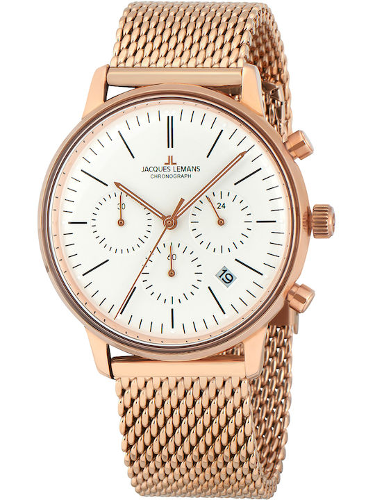 Jacques Lemans Retro Classic Men's Watch 40mm Chronograph Battery with Pink Gold Metal Bracelet