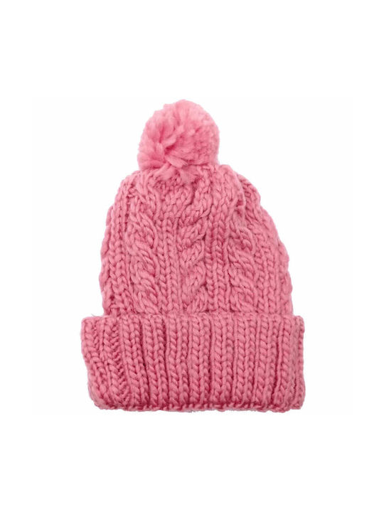Kids Knitted Solid Color Beanie with Pom Pom Pink