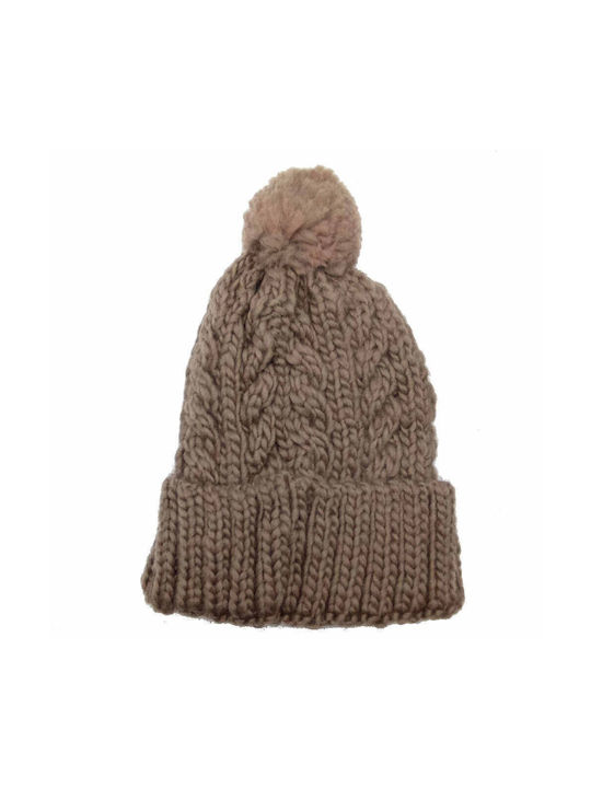 Kids Knitted Solid Color Beanie with Brown Pom-Pom