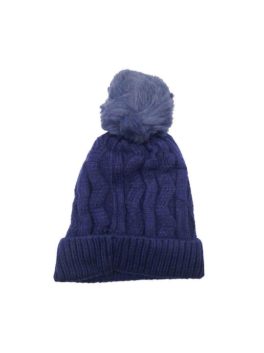 Infant Knitted Beanie Solid Color with Blue Pom-Pom