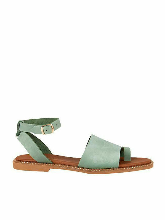 Elenross Leather Women's Flat Sandals with Strap in Green Color