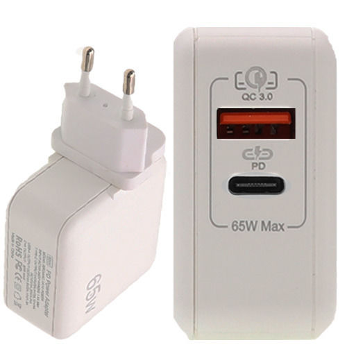 Lamtech Charger Without Cable with USB-A Port and USB-C Port 65W Power Delivery / Quick Charge 3.0 Whites (LAM023558)