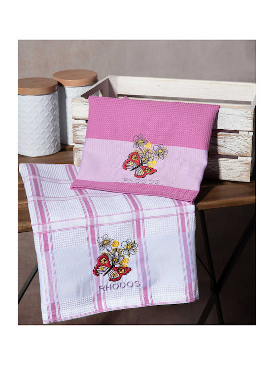 Silk Fashion Πεταλούδα Rhodes Ποτηρόπανο από 100% Βαμβάκι σε Ροζ Χρώμα 50x70cm 2τμχ