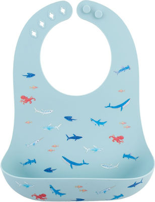 Stephen Joseph Shark Waterproof Bib Silicone with Button & Pocket Light Blue