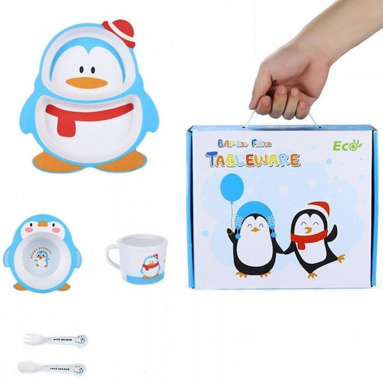 Fiko Feeding Set Penguin made of Bamboo Light Blue 5pcs