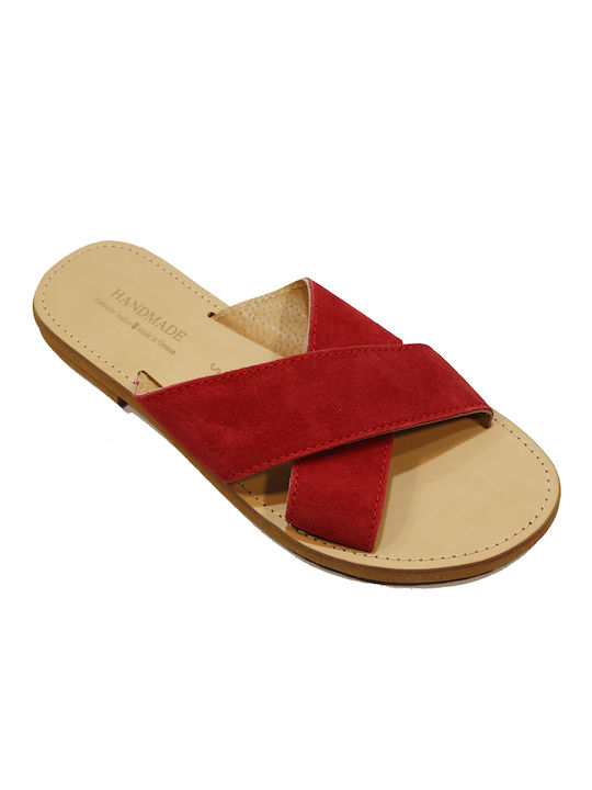 Women's leather sandals in red suede color