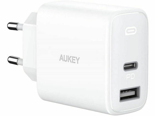 Aukey Φορτιστής Χωρίς Καλώδιο με Θύρα USB-A και Θύρα USB-C 32W Power Delivery Λευκός (PA-F3S)