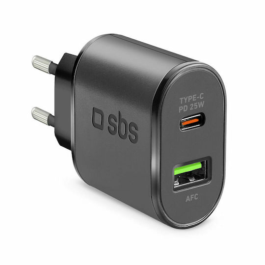 SBS Φορτιστής Χωρίς Καλώδιο με Θύρα USB-A και Θύρα USB-C 25W Power Delivery Λευκός (TETRPD20W)