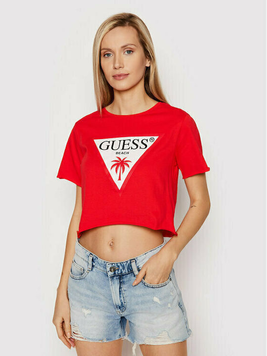 Guess Women's Crop T-shirt Floral Fully Red
