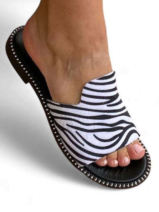 Women's leather anatomical sandals in white black color with anti-slip sole
