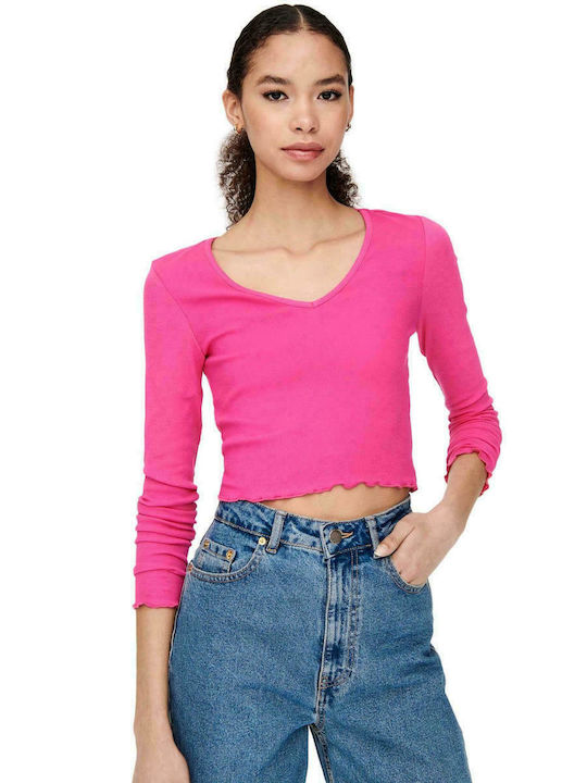 Only Women's Crop Top Cotton Long Sleeve with V Neck Fuchsia