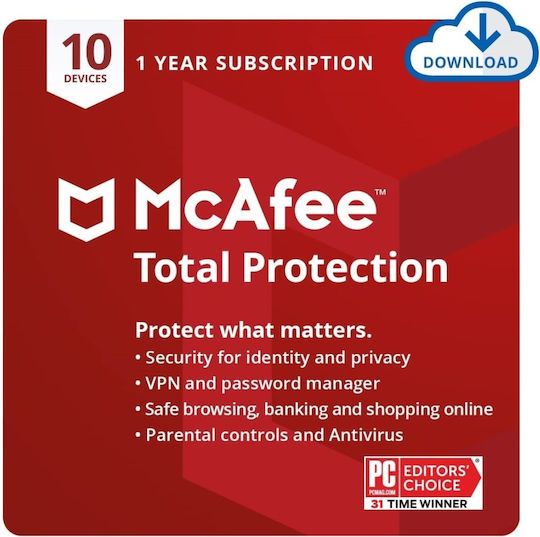 McAfee Total Protection за 10 устройства и 1 година използване (Електронно разрешение)