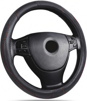 Car Steering Wheel Cover with Diameter 38cm Leather Black with Red Seam