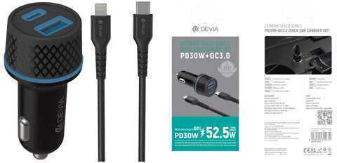 Devia Auto-Ladegerät 52.5W Schnellladung mit Anschlüssen: 1xUSB 1xType-C mit Kabel Blitzschlag Schwarz Farbe