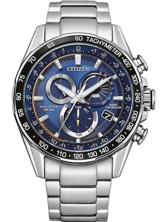Citizen Ανδρικό Ρολόι 44mm Χρονογράφος Eco - Drive με Ασημί Μεταλλικό Μπρασελέ