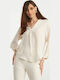 Damen Bluse Langärmelig mit V-Ausschnitt Creme