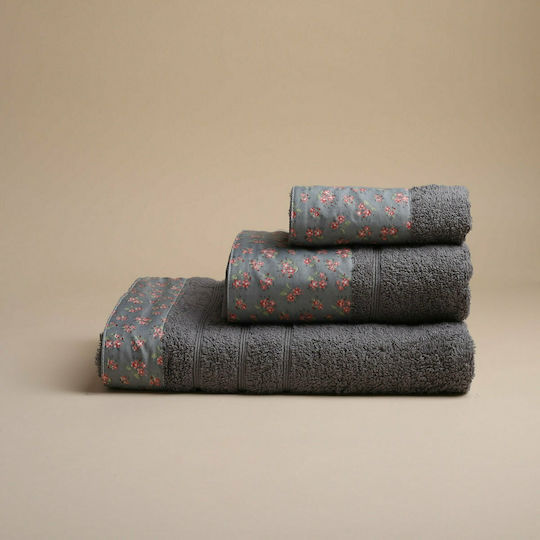 White Fabric Set of Towels 3 pcs Botanical Border Grey Weight 500gsm