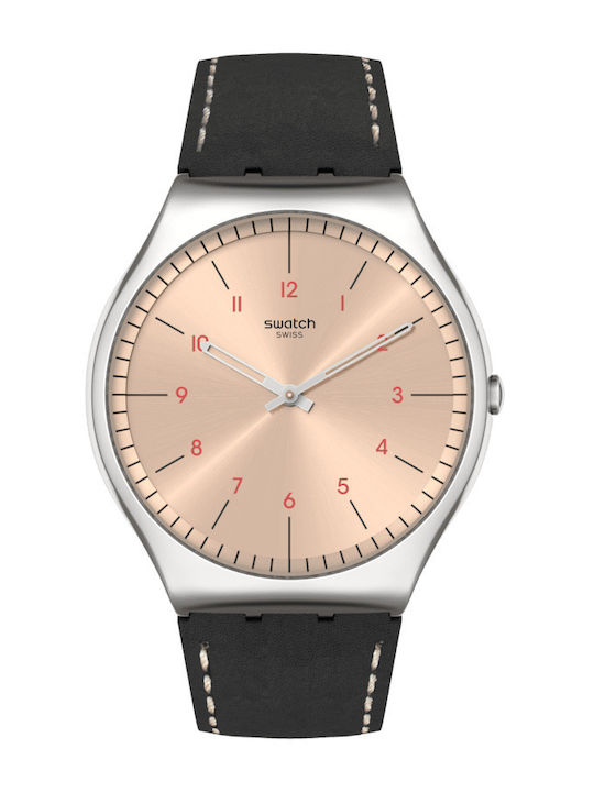 Swatch Smart Stitch Ανδρικό Ρολόι 42mm Μπαταρίας με Μαύρο Δερμάτινο Λουράκι