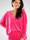 Awama Women's Blouse Velvet Long Sleeve with V Neckline Fuchsia