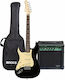 Stagg SES-30 Set Elektrische Gitarre für Linkshänder mit SSS Tonabnehmerkonfiguration Schwarz mit Tasche