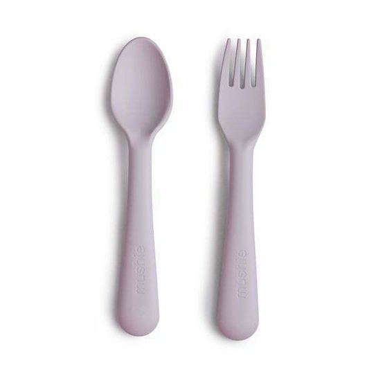 Mushie Set pentru bebeluși cu Furculiță Fork & Spoon din Plastic pentru 12+ luni Violet 2 Bucăți