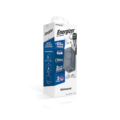 Energizer Ladegerät ohne Kabel GaN mit USB-A Anschluss und USB-C Anschluss 65W Stromlieferung Silber (A65MU)