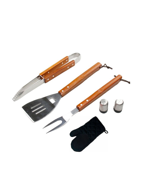 Set von 6 BBQ-Werkzeugen mit Holzgriffen und Handschuh