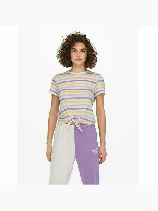 Only Women's Summer Crop Top Cotton Short Sleeve Striped Lilac/ Yellow