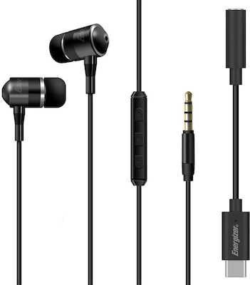 Energizer UIC30 In-ear Handsfree με Βύσμα 3.5mm (αντάπτορα 3.5mm θηλυκό σε USB-C αρσενικό) Μαύρο