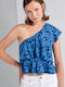 Ale - The Non Usual Casual Damen Sommer Crop Top mit einem Schulter Blumen Blau