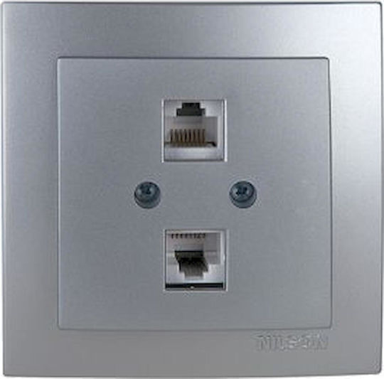 Geyer Διπλή Πρίζα Δικτύου και Τηλεφώνου RJ45/RJ11 με Πλαίσιο Τύπου Cat5 σε Ασημί Χρώμα 24131048